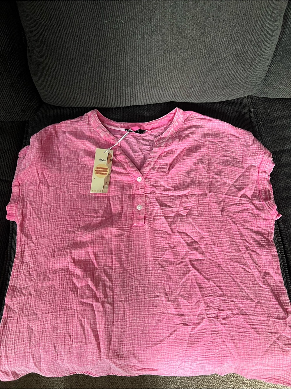 Dokotoo women’s Pink Textured Short Sleeve Henley Top